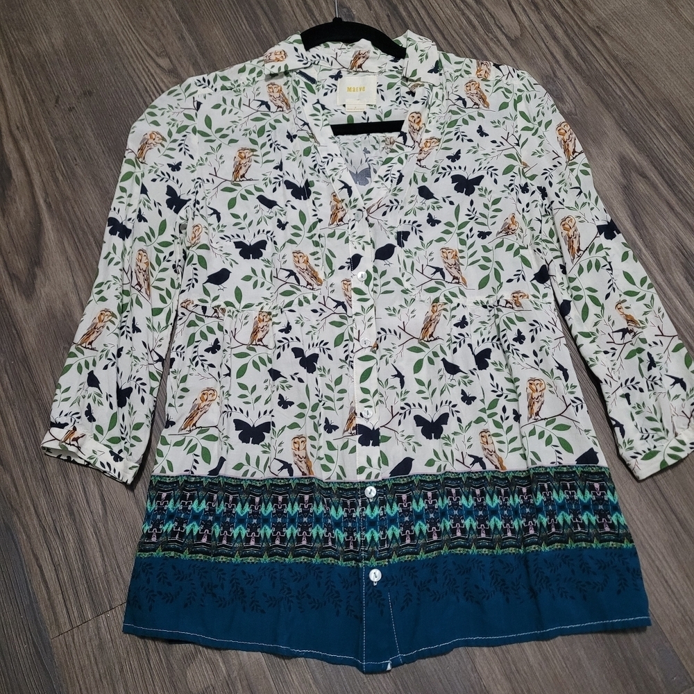 Anthropologie Maeve Green and White Owl Print Blouse Size 0 Owl Print Floral